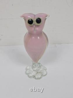1950's Murano Hand Blown Art Glass OWL Figurine Pink w Gold Specks Green Eyes 6