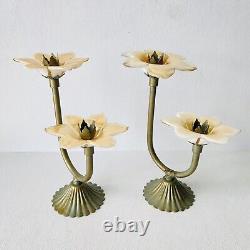 1970s Murano Hand Blown Peach White Glass Flower Brass Candlestick Holders Set