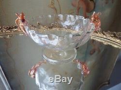 19th C Salviati Murano Venetian Art Glass Dolphin Handle Candy Dish Compote