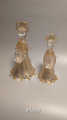 2 Hand Blown Antique Italian Murano Studio Art Glass Angel Candle Holder Statue