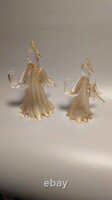 2 Hand Blown Antique Italian Murano Studio Art Glass Angel Candle Holder Statue