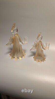 2 Hand Blown Antique Italian Murano Studio Art Glass Angel Candle Holder Statue