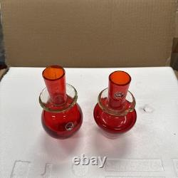 2 Hand-blown Murano Red Glass Candlestick Holders with Clear Base Made In Italy