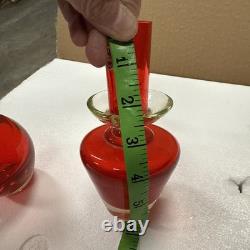 2 Hand-blown Murano Red Glass Candlestick Holders with Clear Base Made In Italy