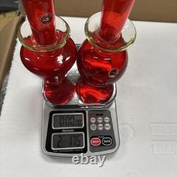 2 Hand-blown Murano Red Glass Candlestick Holders with Clear Base Made In Italy