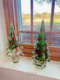 2 Large Murano And Murano Blown Glass Clear Red Green Christmas Trees