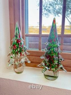 2 Large Murano And Murano Blown Glass Clear Red Green Christmas Trees