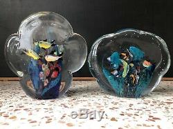 2 MURANO Art Glass AQUARIUMS Millefiori 7+9=16 fish Hand Blown Paperweight