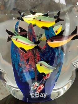 2 MURANO Art Glass AQUARIUMS Millefiori 7+9=16 fish Hand Blown Paperweight