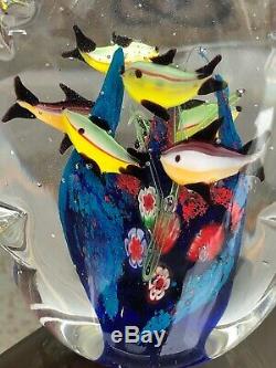 2 MURANO Art Glass AQUARIUMS Millefiori 7+9=16 fish Hand Blown Paperweight