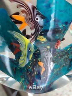 2 MURANO Art Glass AQUARIUMS Millefiori 7+9=16 fish Hand Blown Paperweight