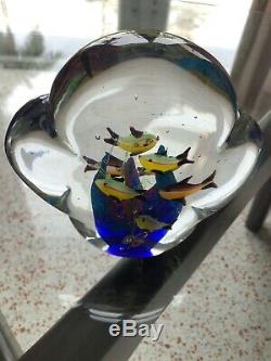 2 MURANO Art Glass AQUARIUMS Millefiori 7+9=16 fish Hand Blown Paperweight