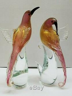 2 Murano Birds Of Paradise Formia Hand Blown Art Glass Light Cranberry/gold