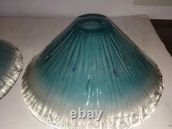 2 Murano Venetian Hand Blown Aqua Art Glass Hanging Light Lamp Shades 16'x6
