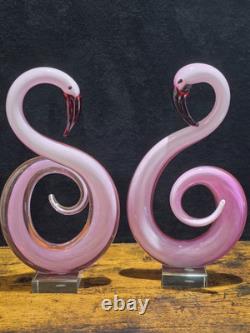 2 Pink Flamingo Murano Style Hand Blown Swirl Art Glass Matched Set 12