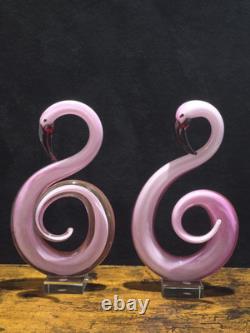 2 Pink Flamingo Murano Style Hand Blown Swirl Art Glass Matched Set 12