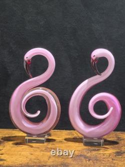 2 Pink Flamingo Murano Style Hand Blown Swirl Art Glass Matched Set 12