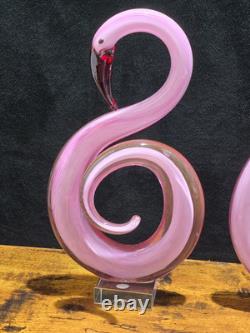 2 Pink Flamingo Murano Style Hand Blown Swirl Art Glass Matched Set 12