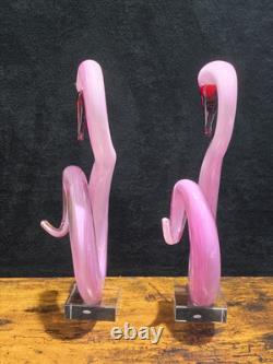 2 Pink Flamingo Murano Style Hand Blown Swirl Art Glass Matched Set 12