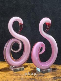 2 Pink Flamingo Murano Style Hand Blown Swirl Art Glass Matched Set 12