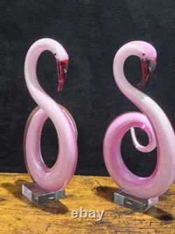 2 Pink Flamingo Murano Style Hand Blown Swirl Art Glass Matched Set 12