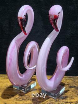 2 Pink Flamingo Murano Style Hand Blown Swirl Art Glass Matched Set 12