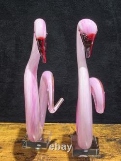 2 Pink Flamingo Murano Style Hand Blown Swirl Art Glass Matched Set 12
