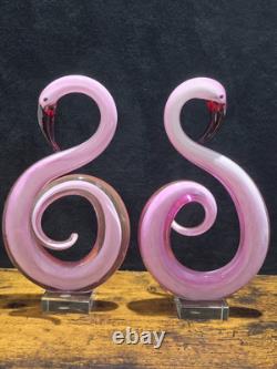 2 Pink Flamingo Murano Style Hand Blown Swirl Art Glass Matched Set 12