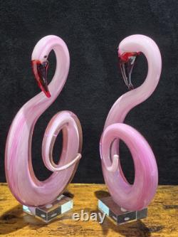2 Pink Flamingo Murano Style Hand Blown Swirl Art Glass Matched Set 12