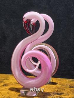 2 Pink Flamingo Murano Style Hand Blown Swirl Art Glass Matched Set 12