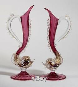 2 Salviati 12.75 1940s Hand Blown Murano Art Glass Cranberry Ewers Dolphin Base