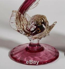 2 Salviati 12.75 1940s Hand Blown Murano Art Glass Cranberry Ewers Dolphin Base