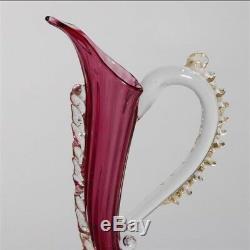 2 Salviati 12.75 1940s Hand Blown Murano Art Glass Cranberry Ewers Dolphin Base