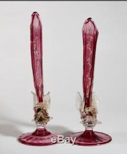 2 Salviati 12.75 1940s Hand Blown Murano Art Glass Cranberry Ewers Dolphin Base