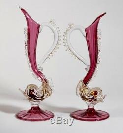 2 Salviati 12.75 1940s Hand Blown Murano Art Glass Cranberry Ewers Dolphin Base
