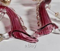 2 Salviati 12.75 1940s Hand Blown Murano Art Glass Cranberry Ewers Dolphin Base