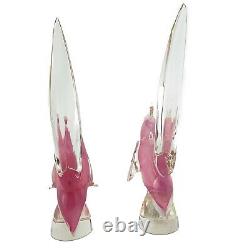 (2) VTG Murano Rooster Pheasant Bird Art Glass Figurine Pink Clear STUNNING