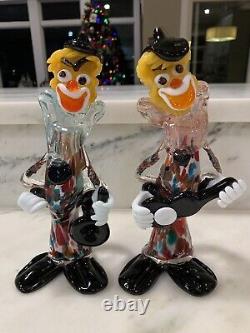 2 Vintage 1960s Murano Hand Blown Art Glass Musical Clown Figurines Italy Label