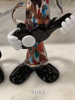 2 Vintage 1960s Murano Hand Blown Art Glass Musical Clown Figurines Italy Label