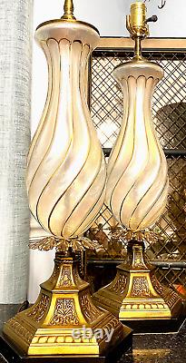 2 Vintage Italian Murano Hand Blown Twisted Glass Opalescent Lamps w Gilt Swirl