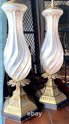 2 Vintage Italian Murano Hand Blown Twisted Glass Opalescent Lamps w Gilt Swirl