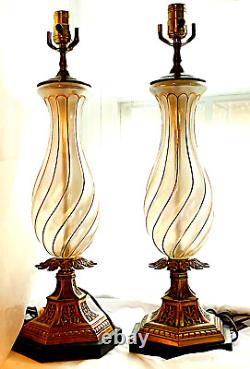 2 Vintage Italian Murano Hand Blown Twisted Glass Opalescent Lamps w Gilt Swirl