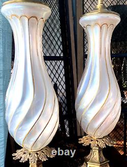 2 Vintage Italian Murano Hand Blown Twisted Glass Opalescent Lamps w Gilt Swirl