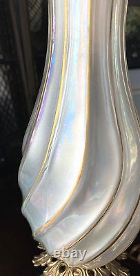 2 Vintage Italian Murano Hand Blown Twisted Glass Opalescent Lamps w Gilt Swirl