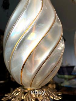 2 Vintage Italian Murano Hand Blown Twisted Glass Opalescent Lamps w Gilt Swirl