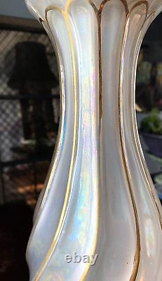 2 Vintage Italian Murano Hand Blown Twisted Glass Opalescent Lamps w Gilt Swirl