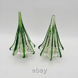 2 Vintage Murano Clear Green Hand Blown Art Glass Christmas Trees Swirl 9.15 8