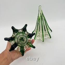 2 Vintage Murano Clear Green Hand Blown Art Glass Christmas Trees Swirl 9.15 8