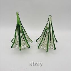 2 Vintage Murano Clear Green Hand Blown Art Glass Christmas Trees Swirl 9.15 8