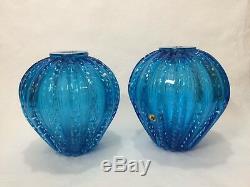 2 Vintage Murano Galliano Ferro Art Glass Aqua Blue Table Lamp Vases, 8 1/2 T